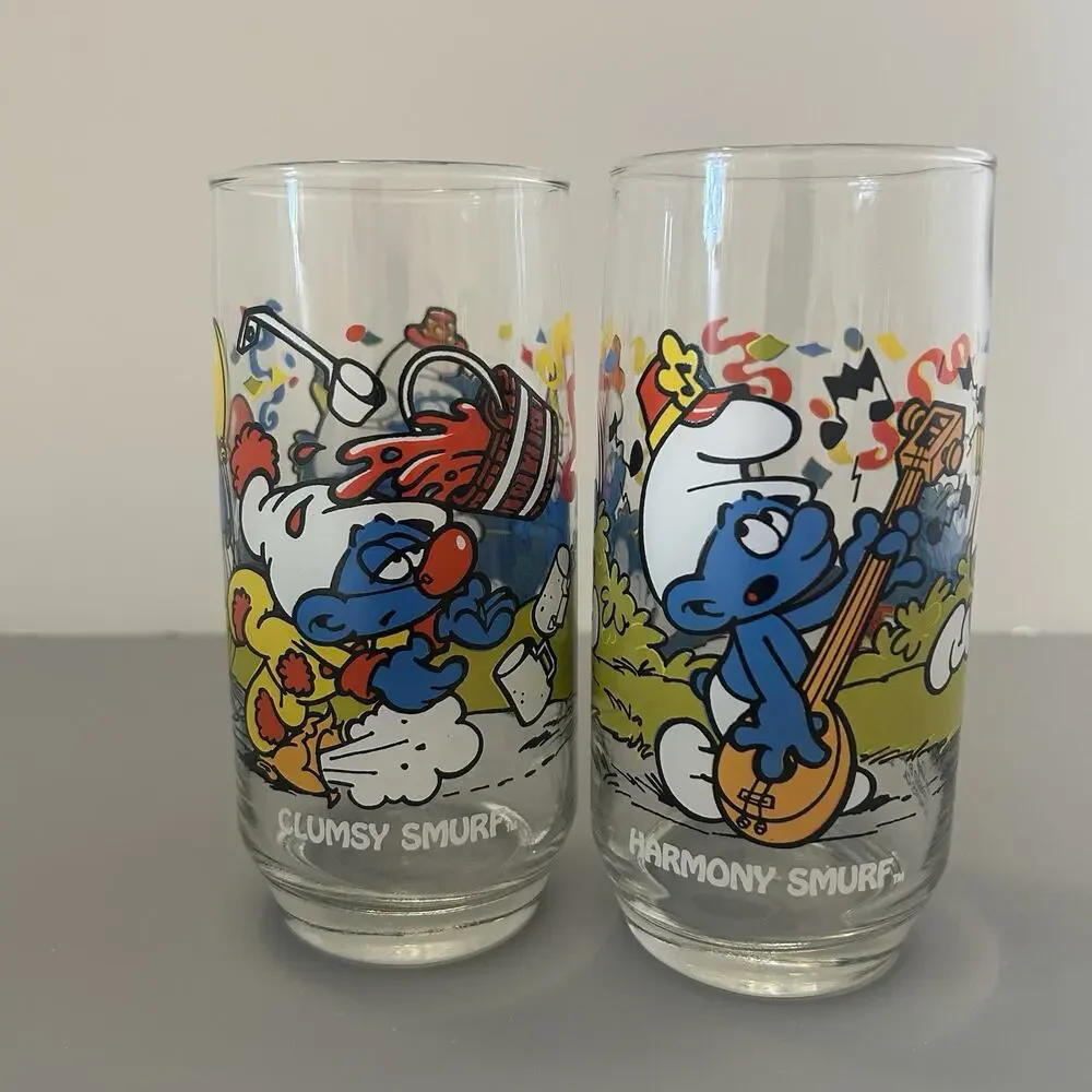 Smurf Clumsy and Harmony Collector Glass/Tumbler 1983 Peyo Vintage 6” Lot of 2